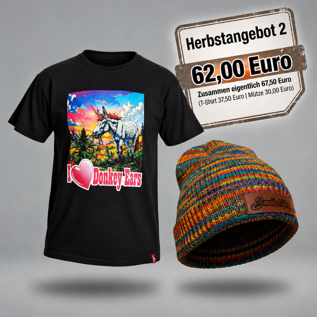 Hanf Bundle Herbstangebot 2 mit Donkey Print T-Shirt und Rainbow Beanie von Smitzbilla