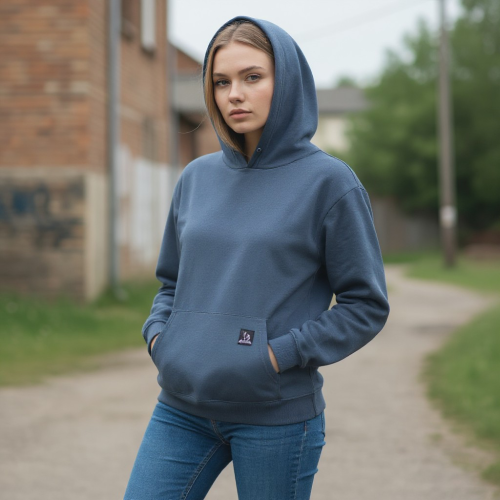 Model traegt Hanf Hoodie Mellow Plain von Smitzbilla blau