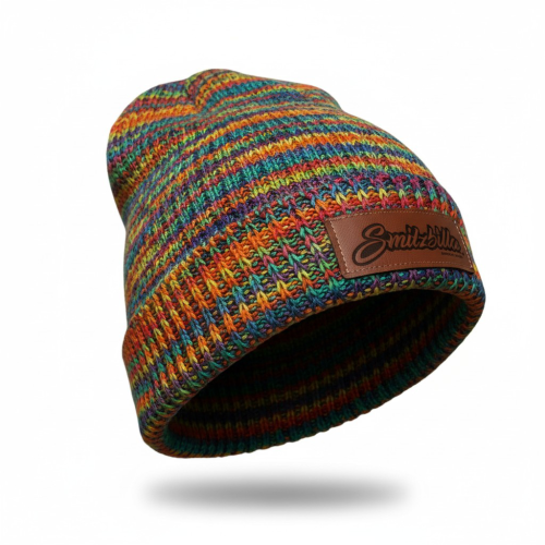 Hanf Beanie Short Rainbow aus 100 % Hanf mit mehrfarbigem Strickmuster von Smitzbilla